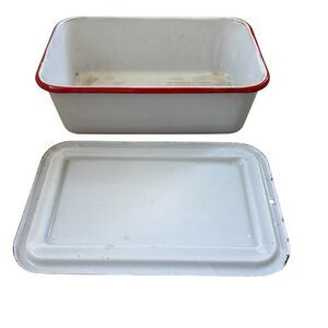 VTG Enamelware Refrigerator Dish Red Trim White Enamel Storage Box Lid 12x8x4